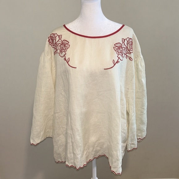 Sønderhaus Linen The West Set Top In Crema W/Red Embroidery NWT Size 2XL - Picture 5 of 12